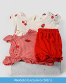 Enxoval bebê 3 peças com babados morango listrado + caixa de presente P