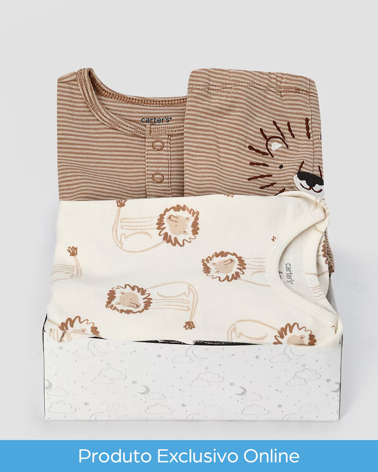 Kit conjunto longo bebê 3 peças leão + caixa de presente P nuvens multicor |