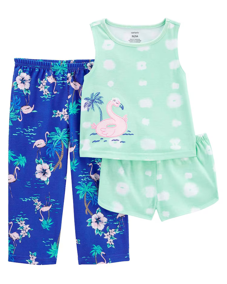 Pijama longo infantil 3 peças flamingos multicor |