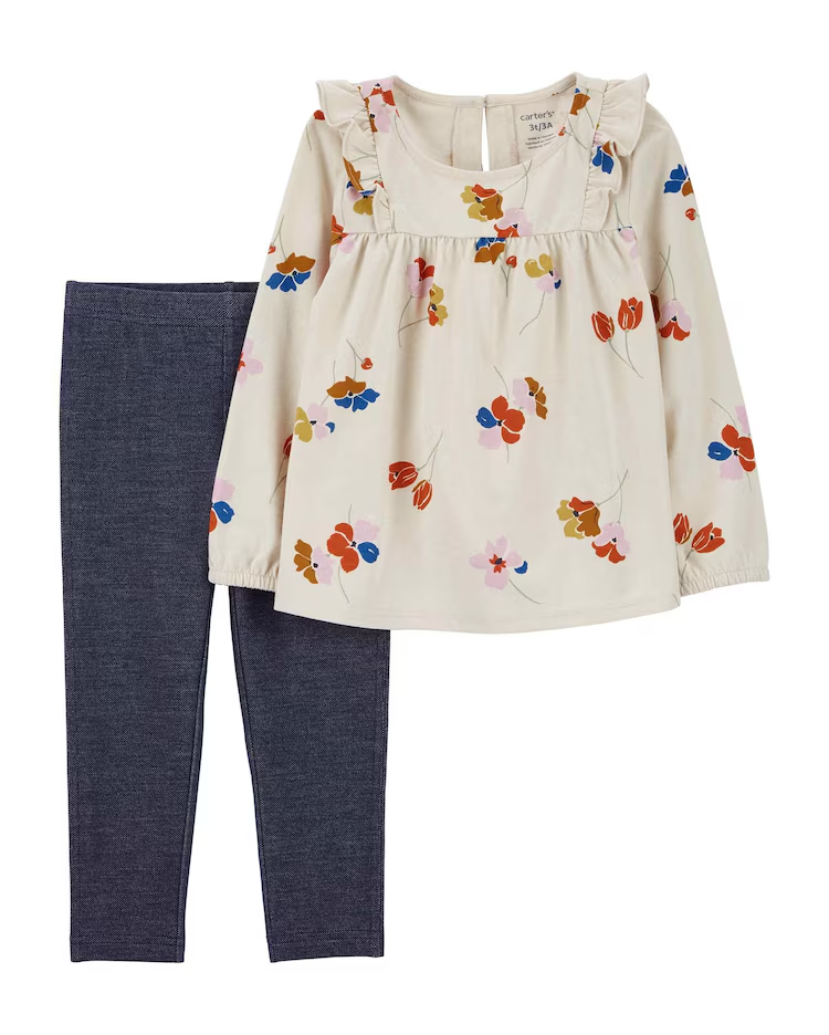 Conjunto longo infantil 2 peças floral com babados multicor |