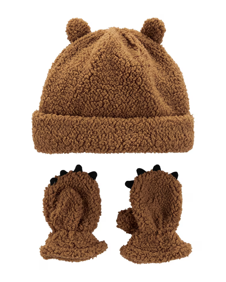 Kit Gorro + Par de Luvas Infantil Pelúcia Marrom Tam 2 a 4
