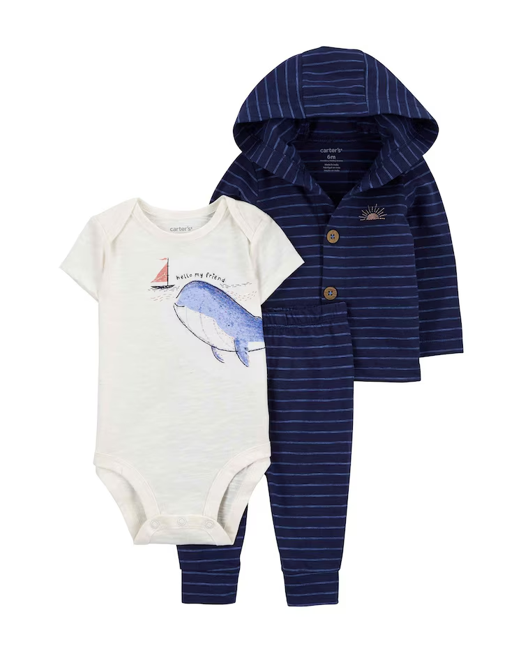 Conjunto longo bebê 3 peças capuz listrado e baleia multicor |