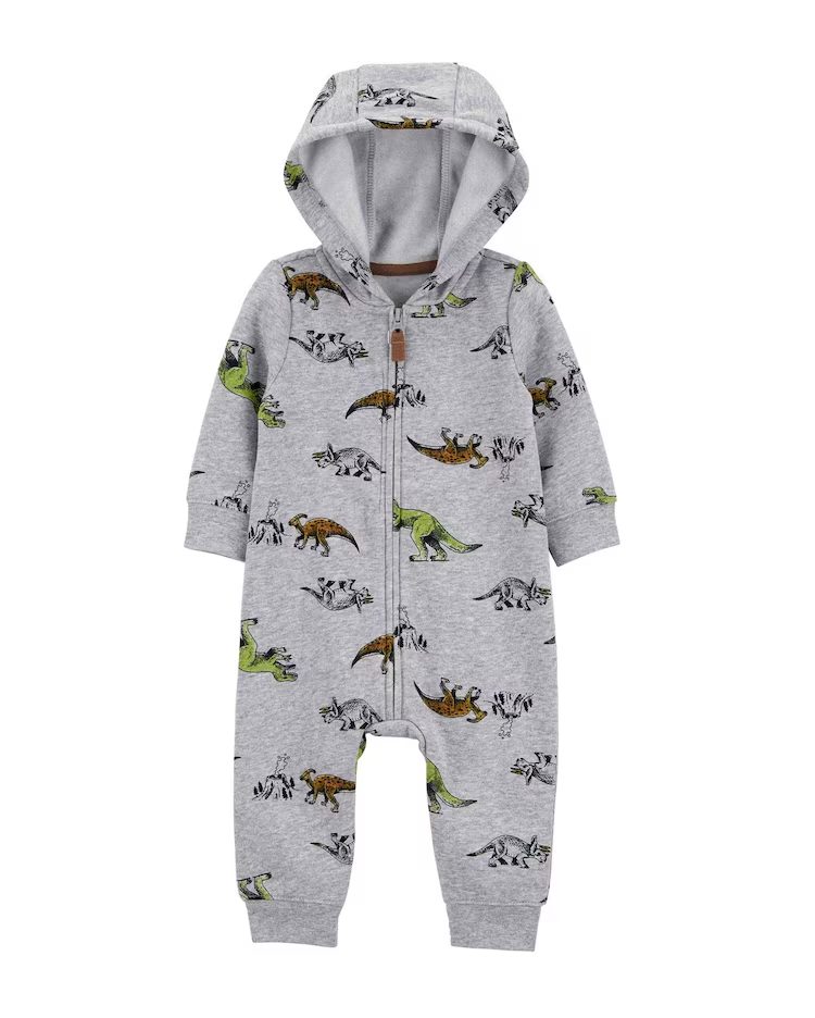 Macacão de moletom bebê com capuz  dinossauros cinza |