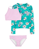 Conjunto de verão infantil 3 peças floral e listrado rosa |
