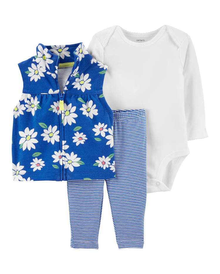 Conjunto Bebê Carter's 3 Peças Floral Listrado Azul/Branco Tam RN a 24 Meses