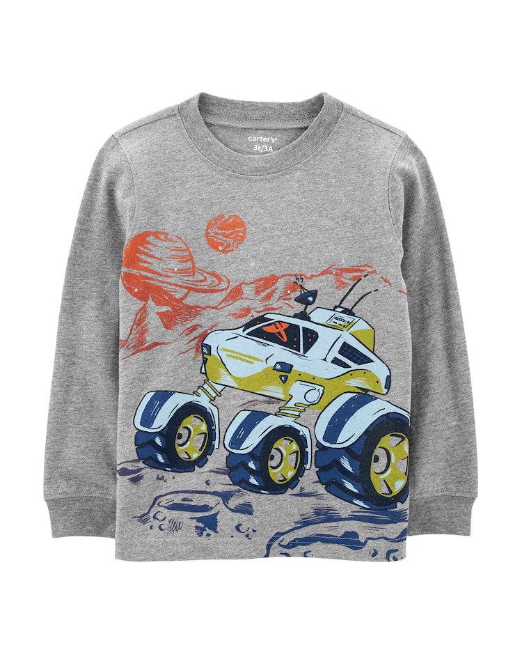 Camiseta infantil manga longa dirigir na lua cinza |