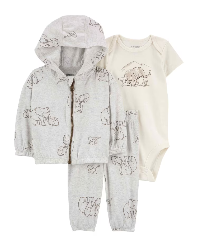 Conjunto longo de moletom bebê 3 peças elefante multicor |