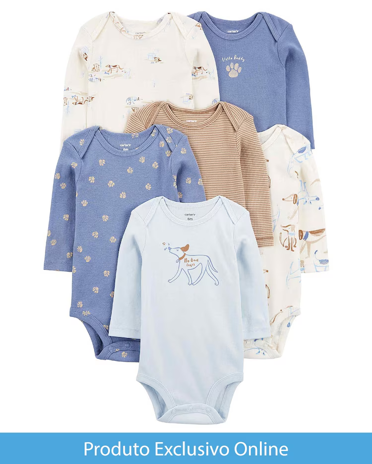 Kit body bebê 6 peças listrado e cachorro multicor |
