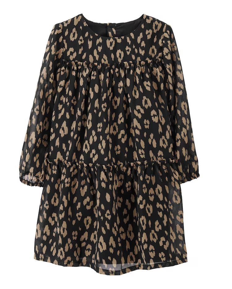 Vestido infantil evasê animal print com manga longa preto |