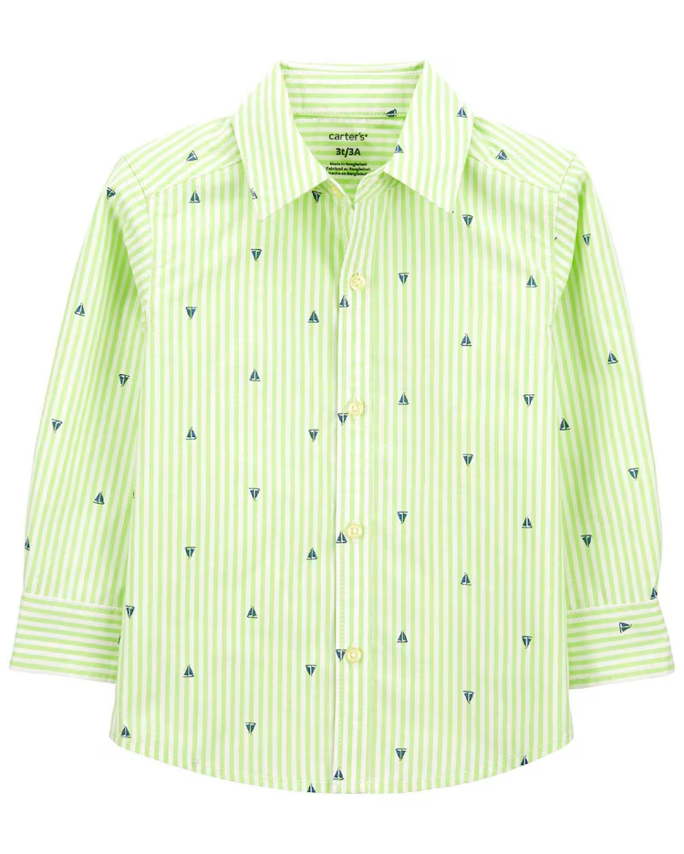 Camisa infantil com colarinho listrada barquinhos verde |